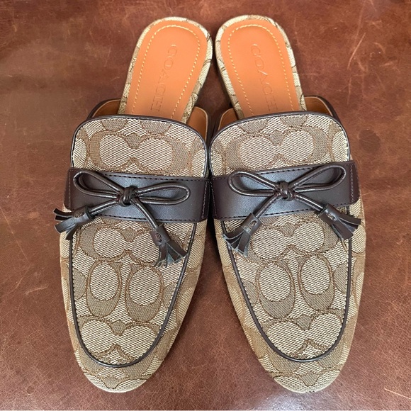 Coach Stassi Monogram Logo Printed Coated Canvas Leather Trimmed Slide In Mules - Picture 10 of 10